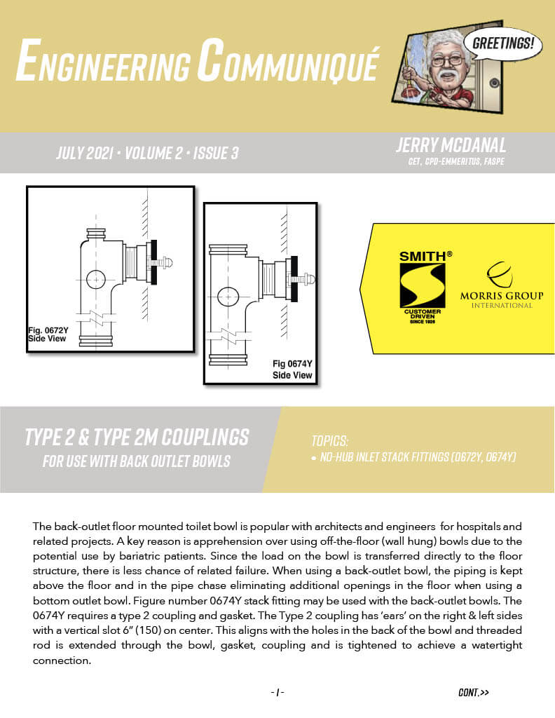 Jay R. Smith Mfg. Co. Releases Engineering Newsletter on Type 2 & Type 2M Couplings for Back Outlet Bowls